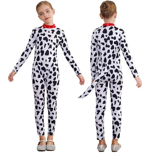 Kids Girls Halloween Dalmatian Costume Long Sleeve Animal Printed Jumpsuit Tail - Picture 1 of 20