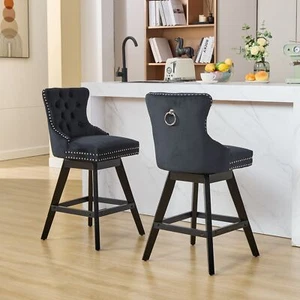 2Set 25.9" Counter Height Bar Stools Swivel Velvet Bar Stools W/ Wood Legs Black - Picture 1 of 21