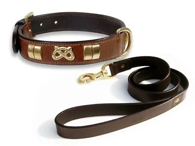 STAFFY LEATHER SMALL DOG COLLAR & 1" LEATHER LEAD COMBINE SET IN BRASS FITTINGS - Image 1 of 4