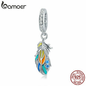 BAMOER Enamel Colorful CZ Feather Charm S925 Sterling silver Fit Women Bangle