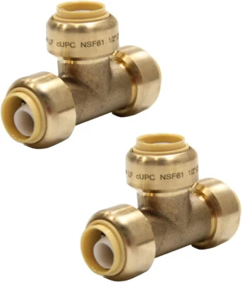 EFIELD 2 PCS 1/2 Inch Push Fit Tee, Connect to Pex, Copper Whit Clip, Lead Free