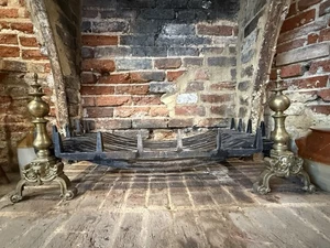 Huge Antique Cast Iron Swan Nest Fire Grate with Brass Fire Dogs 3' Inglenook - Picture 1 of 10