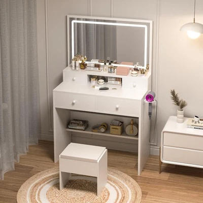Vanity Table with LED Mirror Lights 4 Drawers Power Outlets and Stool – White - image 1 of 4