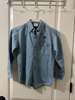 达拉斯牛仔男孩牛仔纽扣衬衫罕见复古 Riddell 蓝色 L 7 码 — 第 1/4 张图片