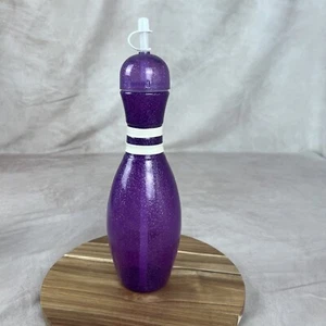 Large Bowling Pin Water Bottle Purple Glitter with Straw - Picture 1 of 6