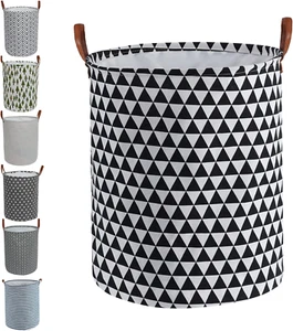 Large round Laundry Hamper Collapsible Clothes Basket with Easy Carry Leather Ha - Picture 1 of 7