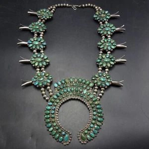 c1930s OLD PAWN Navajo TURQUOISE CLUSTER Sterling Silver SQUASH BLOSSOM NECKLACE - Picture 1 of 23