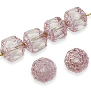 12 Faceted 8mm Crown Cathedral Beads - Clear & Pink + Bronze Ends - Czech Glass - Picture 1 of 7