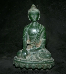 8" Old Natural Green Jade Carving Tibet Shakyamuni Amitabha Buddha Robe Statue - Picture 1 of 10