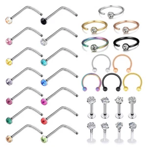 32Pcs Surgical Steel Nose Ring Stud L Bend Screw Bone Studs Earring 20G 18G 16G - Picture 1 of 16