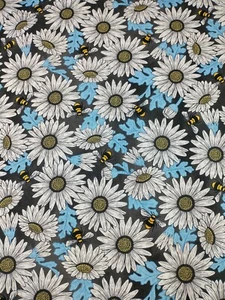 3+yds Feed the Bees Queen Bee Fabric Light Blue Leaves Daisies Daisy Flowers - Picture 1 of 4