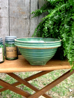 Cuenco mezclador grande antiguo verde oscuro esmaltado amarillo 9-1/2" envío gratuito Foto 1 de 4