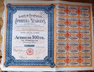 Bono francés 100 francos CONSTRUCCIÓN COMP DE ELECTRODOMÉSTICOS 1924 Francia - Imagen 1 de 1