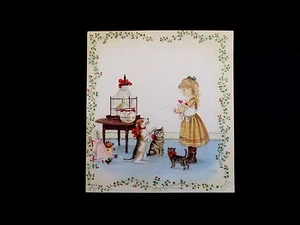1 Tarjeta de felicitación de Navidad Tasha Tudor rara de colección niña con su muñeca y amigos animales - Imagen 1 de 3