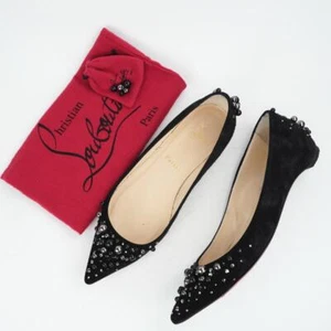 Christian Louboutin Flats Black Pointed Toe Suede Spikes Size IT 36.5 red sole - Picture 1 of 20