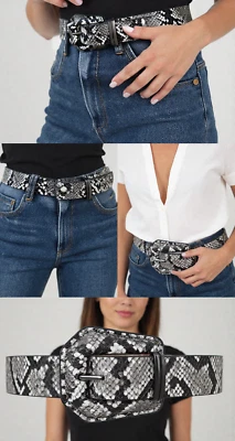 Mujeres Negro Blanco Imitación Cuero Piel de Serpiente Estampado Banda Vacaciones Cinturón Hebilla S M Foto 1 de 4