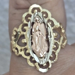 Wide Big solid 14k Gold virgin Mary guadalupe Hesrts Ring Size 6.5 7 8 9 10 - Picture 1 of 14