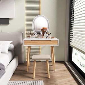 Coiffeuse blanche Table de toilette miroir ovale lumineux à LED avec tabouret en