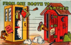 Linen Postcard Humor "From One Booth to Another" Phone Booth Outhouse - Picture 1 of 2