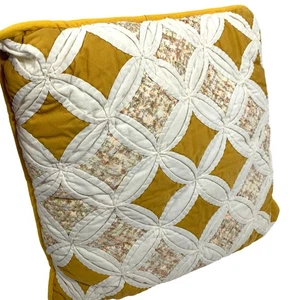 Vintage Handmade Quilted Decorative Pillow Floral + Geometric Mustard Yellow - Picture 1 of 3