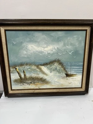 Vintage Original Oil Painting Beach Seascape Ocean Coastal Landscape Signed - Image 1 of 4