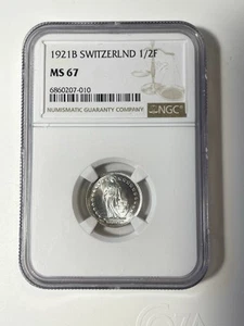 1921 B 1/2 F MS67 Switzerland Franc NGC - Blast White Gem! - Picture 1 of 4