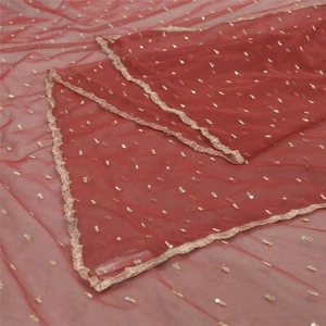 Sanskriti Vintage Dupatta Long Stole Net Mesh Dark Red Veil Hand Beaded Scarves - Picture 1 of 12