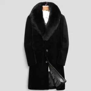 Herren Kaschmir Blazer Jacke Thermofutter Kunst Nerz Pelzkragen Pelzmantel Business - Bild 1 von 6