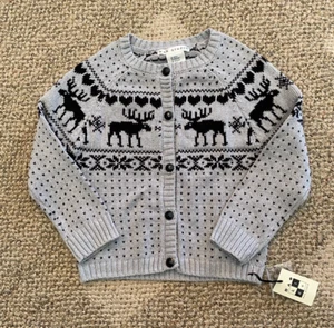 Girls Max Studio Kids LS Button Up Knit Sweater Gray/Black Moose Print Size 4 - Picture 1 of 3