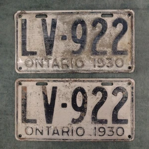 Historic Antique Plates 1930 Ontario License Plate Matched PAIR # LV-922 CANADA - Picture 1 of 1