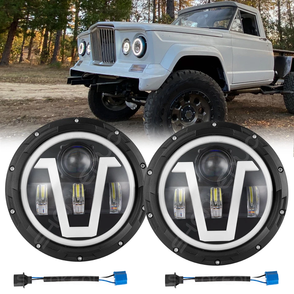 Par de faros LED redondos de 7 pulgadas ojos de ángulo halo para Jeep J-200 J-210 1965 Foto 1 de 4