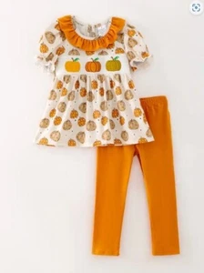 NEW Boutique Smocked Pumpkin Tunic & Leggings Girls Outfit Set - Picture 1 of 7