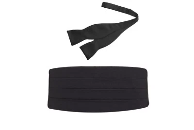 Men's Black Heavy Silk Pleated Cummerbund Self Tie Bow Tie Very Nice  - Image 1 of 3