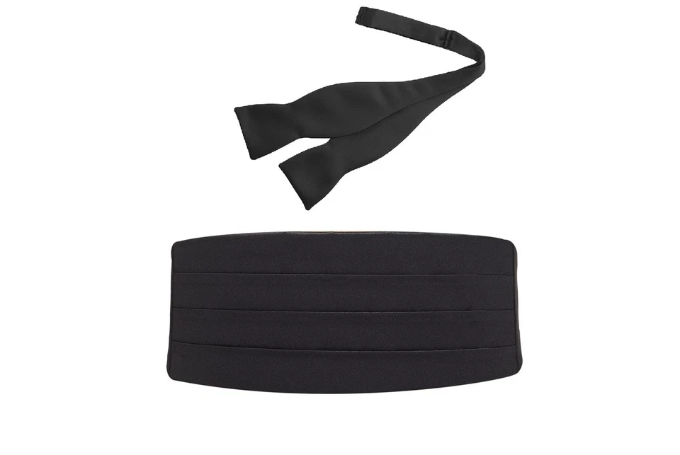 Men's Black Heavy Silk Pleated Cummerbund Self Tie Bow Tie Very Nice  - Image 1 of 3