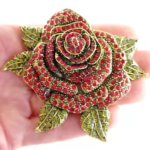 3.25" NWOT DESIGNER STYLE DIMENSIONAL CRYSTAL RHINESTONE RED ROSE FLOWER BROOCH - Picture 1 of 18