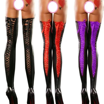 Sexy Damen Leder Strümpfe Wetlook Halterlose Overknees Lange Socken Bandage Sock - Bild 1 von 4
