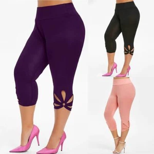 Plus Size Womens High Waist Leggings Gym Yoga Sport Cropped Pants 3/4 Trousers - Picture 1 of 15