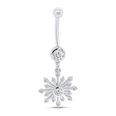 Snowflake Belly Button Navel Ring Simulated Birthstone 14K White Gold Plated - Image 1 of 4