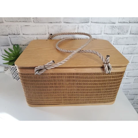 Vintage Large Wicker Market Picnic Basket with Twine Rope Handles Cover