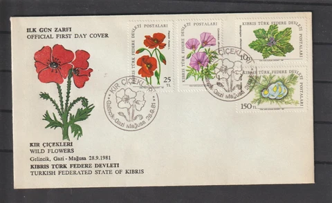 CYPRUS - TURKISH STATE OF KIBRIS 1981 FLOWERS FDC, SG#109, 111, 112, 116 Cover