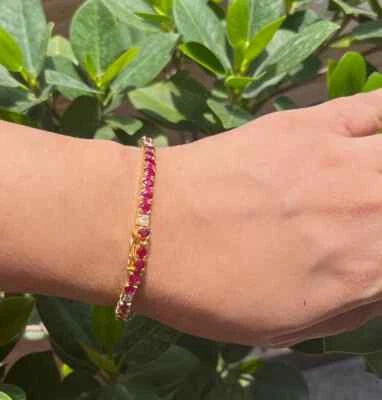 10Ct Round Natural Red Ruby Diamond Women's Tennis Bracelet 14K Yellow Gold 7.5" - Image 1 of 4