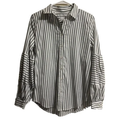 NUEVO CON ETIQUETAS Chico’s Talla 0 (S) Popelina Abotonada Manga Aluzna Rayas Academia Oficina Foto 1 de 4