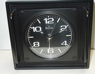 BULOVA BLACK ALARM CLOCK WITH  ALUMINIUM GRID PANELS, OVERSIZED HANDLES  B6845 - Image 1 of 4