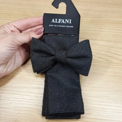 ALFANI Mens Bow Tie & Pocket Square Black Spotted Matching Pre-tied Set - Image 1 of 3