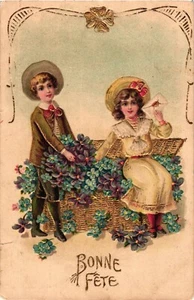 Französische Kinder Goldfolie HAPPY BIRTHDAY geprägte Postkarte - Bild 1 von 2