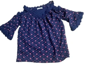 Knit Works Girls SZ XXS 4 / 6 Floral DOTS NAVY LACE Blouse Top Shoulder CUT OUT - Picture 1 of 9