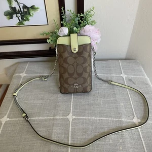 NWT Coach North/South Phone Crossbody In Signature Canvas C7397 Khaki/Pale Lime - Picture 1 of 4