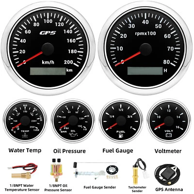 6 Gauge Set with Sensor 85mm Boat GPS Speedometer 200km/h&Tacho 8000RPM Gauge  - Image 1 of 4