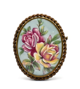 Limoges Spilla In Porcellana Con Decorazione Floreale Riaffermata - Picture 1 of 3