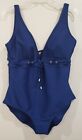 Lands End Womens One Piece Bathing Swimsuit Ribbed Navy Blue Front Tie Size 16